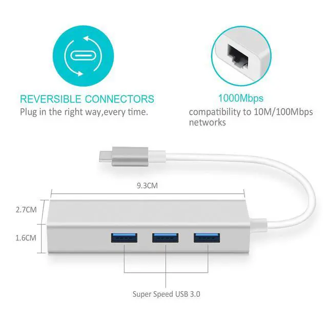 Alt view image 2 of 7 - Gigabit Ethernet Adapter, Ultra Slim USB C Adapter with 3 USB 3.0 Ports RJ45 LAN Network Converter USB Type C Hub for MacBook Pro 2019/2018/2017, Google Chromebook Pixelbook, XPS, Samsung S9/S8, Gray