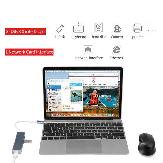 Alt view image 6 of 7 - Gigabit Ethernet Adapter, Ultra Slim USB C Adapter with 3 USB 3.0 Ports RJ45 LAN Network Converter USB Type C Hub for MacBook Pro 2019/2018/2017, Google Chromebook Pixelbook, XPS, Samsung S9/S8, Gray