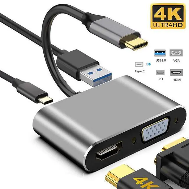 Main image of USB C to HDMI/VGA Adapter, 4 in 1 USB-CType-C Hub VGA/HDMI/USB3.0/PD Video Adapter 4K UHD, Support HDMI&VGA Simultaneously, Compatible with MacBook/Pro/Air,iPad Pro, and More Type C Laptops -Gray