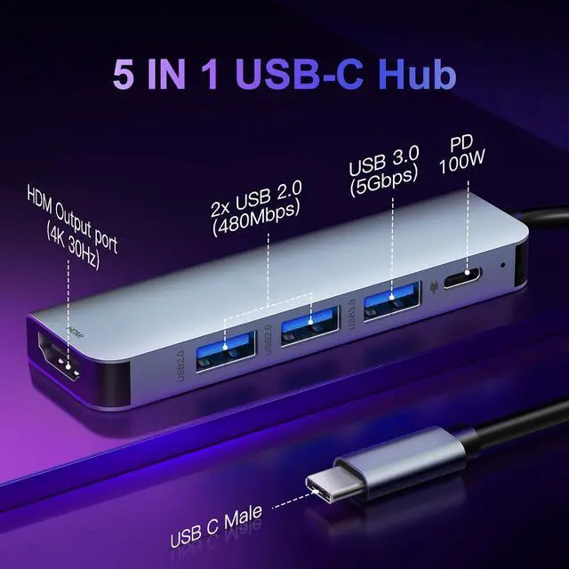 Alt view image 2 of 7 - WRIARICH USB C Hub 5 in 1 Multiport Adapter 4K HDMI, 100W Power Delivery, 3 USB-A Data Ports, USB C Dongle for MacBook Pro/Air, iPad Pro, iMac, iPhone 15 Pro/Pro Max, XPS