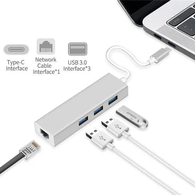 Alt view image 3 of 7 - WRIARIC 3-Port USB-C to 3*USB 3.0 Aluminum Portable Data Hub, with 10 Mpbs, 100 Mbps, 1000 Mbps, or 1 Gigabit Network Adapter with Ethernet Port, for MacBook Pro 2016, ChromeBook, XPS and More, Silver