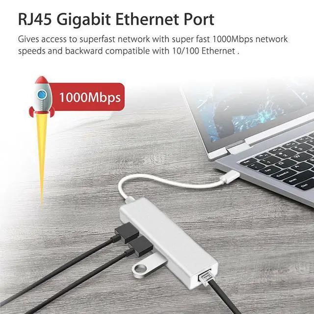 Alt view image 4 of 7 - WRIARIC 3-Port USB-C to 3*USB 3.0 Aluminum Portable Data Hub, with 10 Mpbs, 100 Mbps, 1000 Mbps, or 1 Gigabit Network Adapter with Ethernet Port, for MacBook Pro 2016, ChromeBook, XPS and More, Silver