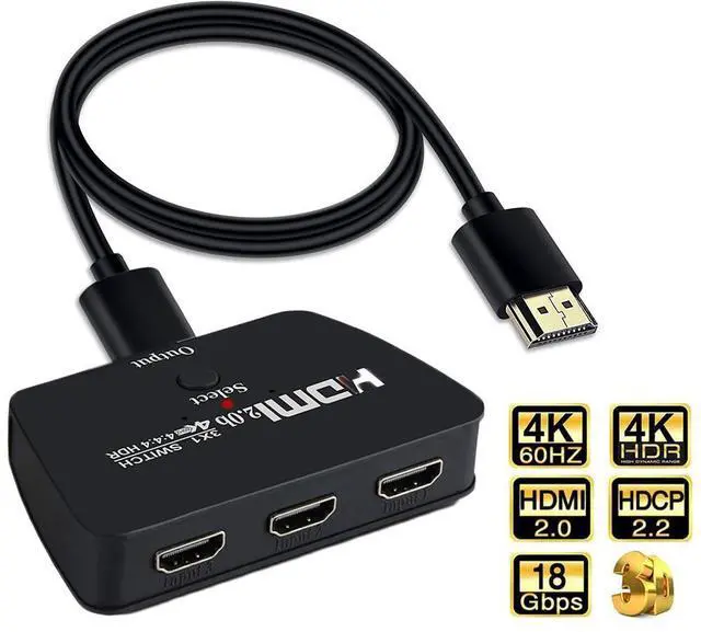 Main image of HDMI Switch 4K 60Hz,HDMI 2.0 Switcher 3 in 1 Out, 3 Port HDMI Selector Box Support HDCP 2.2 HDR10 3D 18Gbps for Xbox PS4 Roku HDTV Monitor, with 3.9FT HDMI Cable