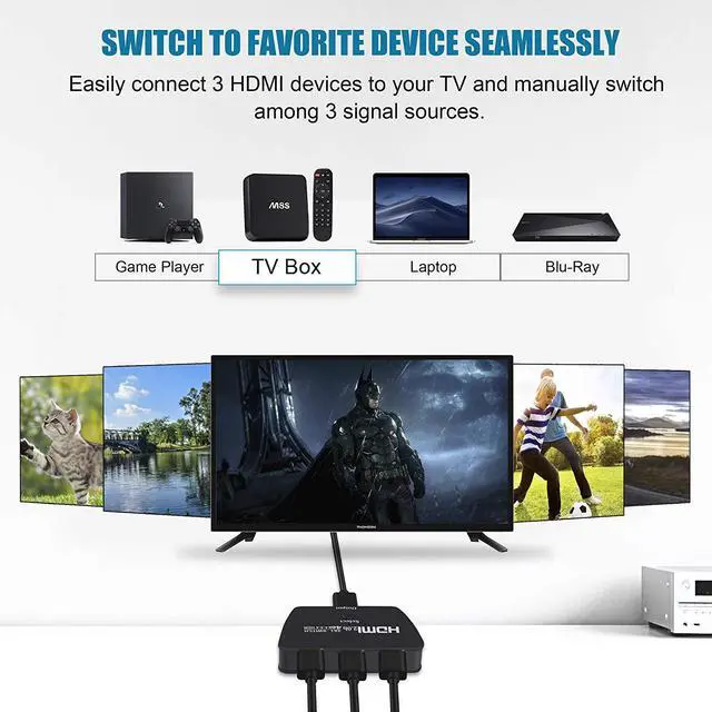 Alt view image 4 of 7 - HDMI Switch 4K 60Hz,HDMI 2.0 Switcher 3 in 1 Out, 3 Port HDMI Selector Box Support HDCP 2.2 HDR10 3D 18Gbps for Xbox PS4 Roku HDTV Monitor, with 3.9FT HDMI Cable