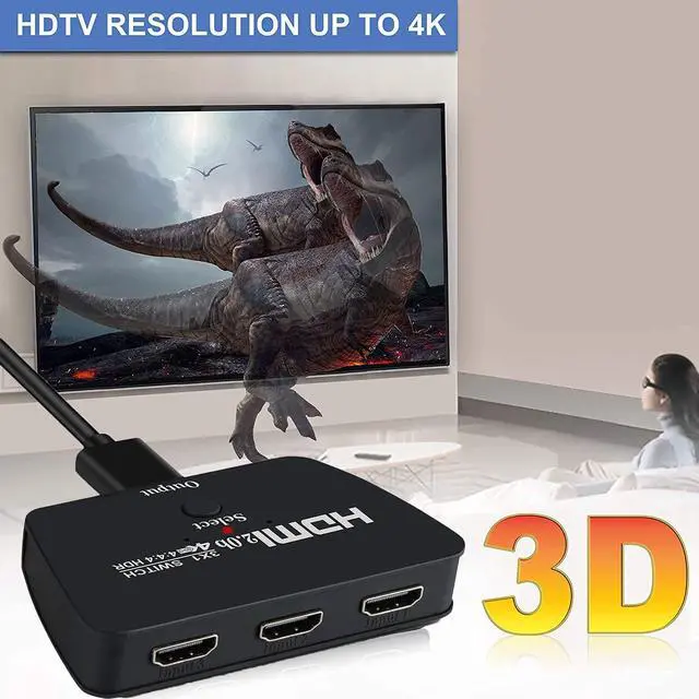 Alt view image 6 of 7 - HDMI Switch 4K 60Hz,HDMI 2.0 Switcher 3 in 1 Out, 3 Port HDMI Selector Box Support HDCP 2.2 HDR10 3D 18Gbps for Xbox PS4 Roku HDTV Monitor, with 3.9FT HDMI Cable
