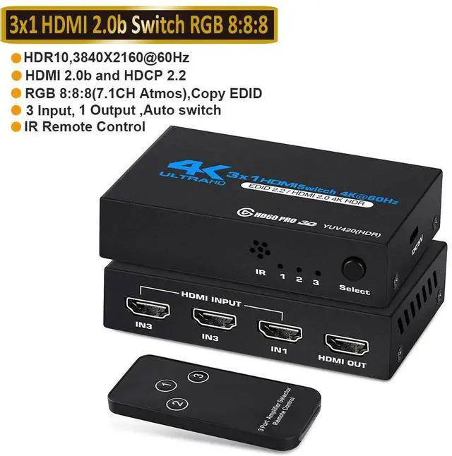Main image of WRIARICH HDMI 2.0 Switch 3 Port, HDMI Switch Splitter 3 in 1 Out, Metal HDMI Switcher 4K with IR Remote, Support HDCP 2.2 Support 4K@60Hz Ultra HD 3D 2160P 1080P, Compatible for PS3/PS4,Xbox, OZQ2-1