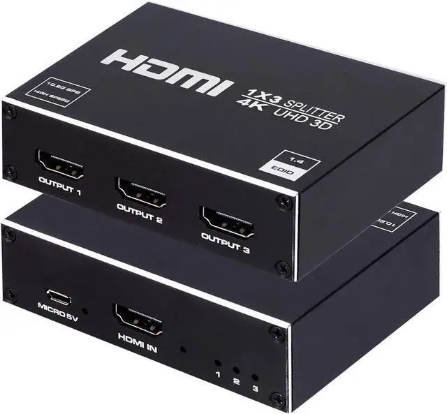 Main image of HDMI Splitter 1 in 3 Out, 4K HDMI Splitter V1.4b Powered Audio Video Distributor Duplicate/Mirror Screen, 1x3 HDMI Splitter for TV Support 4Kx2k 30Hz 3D for Xbox, PS5, Roku Blu-Ray Player, HDTV