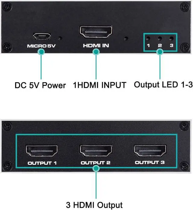 Alt view image 5 of 7 - WRIARICH 4K 1 in 3 Out HDMI Splitter - Ultra HD 4K @ 30 Hz 1x3 V. 1.4 HDCP, Power HDMI Supports 4K 3D Full HD 1080P for Xbox, PS3 PS3 Fire Stick Blu Ray Apple TV HDTV - Adapter Included