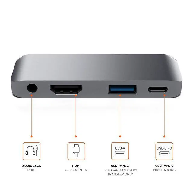 Alt view image 3 of 7 - WRIARICH USB C Hub Adapter for iPad Pro Accessories 2018 12.9" 11", 4 in 1 Type C Dongle Docking Station with HDMI Converter, 3.5mm Headphone Jack, USB-C PD Charging, USB 3.0, Space Grey