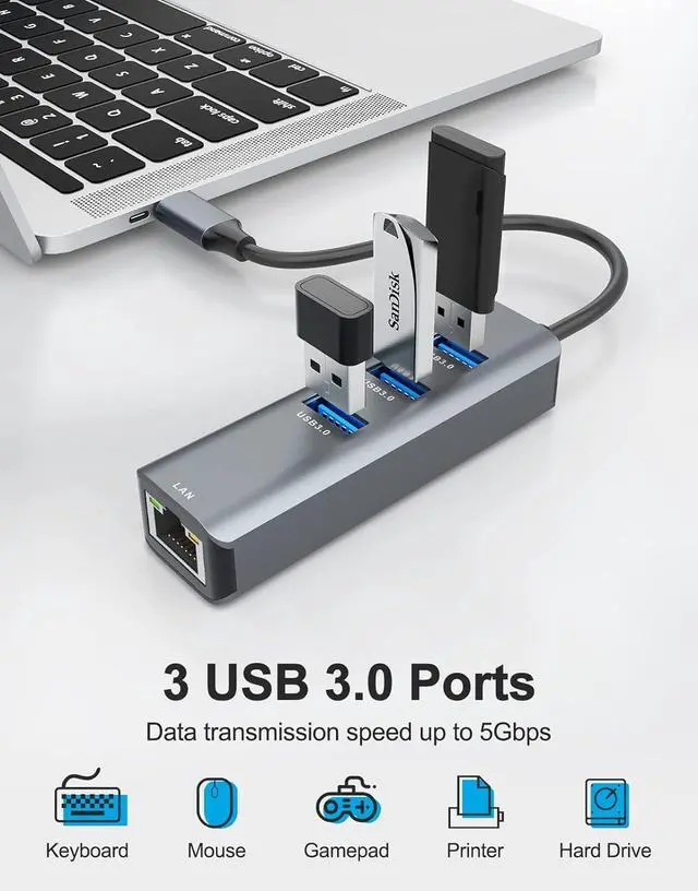 Alt view image 4 of 7 - WRIARICH USB C to Ethernet Adapter, 3-Port USB 3.0 Hub with RJ45 10/100/1000 Gigabit Ethernet Adapter Support Windows 10,8.1,Mac OS, Surface Pro,Linux,Chromebook and More