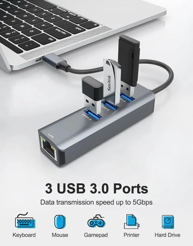 Alt view image 4 of 7 - WRIARICH USB-C to Gigabit Ethernet Adapter, 3-Port USB 3.0 Hub with RJ45 Compatible with MacBook Pro/Air 2023, iPad Pro, iMac, S23, XPS 17, Surface Book 3 and More