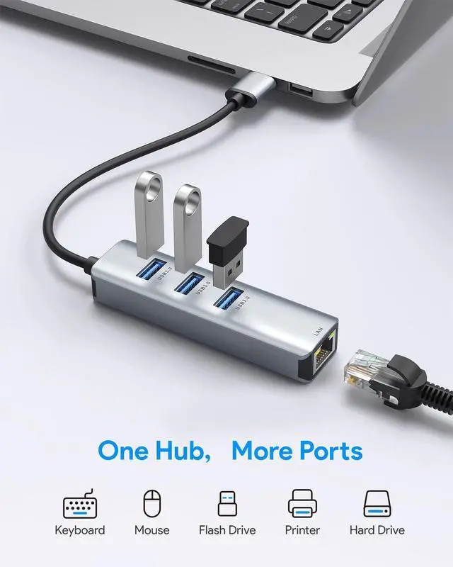 Alt view image 2 of 7 - WRIARICH USB 3.0 to Ethernet Adapter, 3-Port USB 3.0 Hub with RJ45 10/100/1000 Gigabit Ethernet Adapter Support Windows 10,8.1,Mac OS, Surface Pro,Linux,Chromebook and More