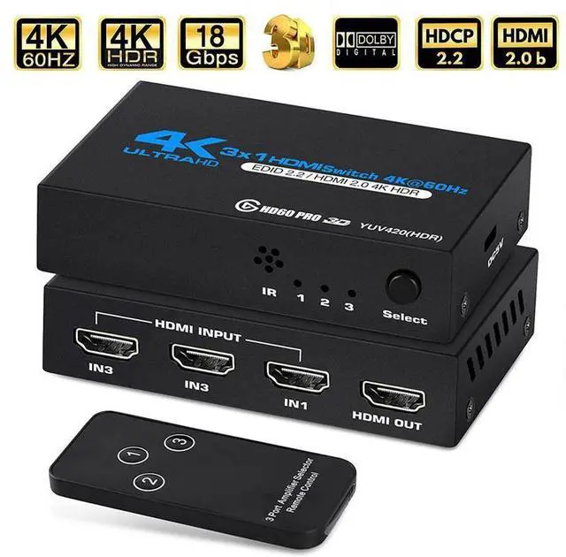Main image of WRIARICH 4K HDMI Switch 3x1, 3 Port HDMI Selector Switcher 3 in 1 Out with IR Remote Control Support 4K@60Hz, 4Kx2K, HDR, HDMI 2.0b, HDCP 2.2, 3D, 1080P (OZQ2-1)