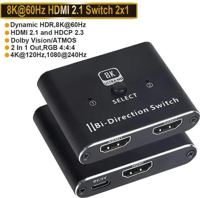 Main image of 8K@60Hz HDMI Switch, 8K HDMI 2.1 Switch Bi-Directional 2 in 1 Out/ 1 in 2 Out Supports 8K@60Hz, 4K@120Hz, 48Gbps High Speed for PS5 Xbox Projector Monitor Blu-Ray Player etc