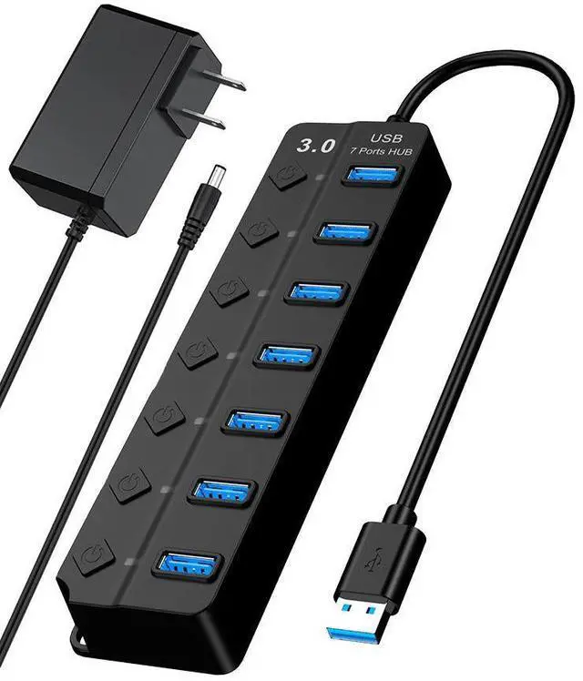 Main image of USB Hub 3.0 Powered, 7 Ports USB Data Hub Splitter with 5V DC Power Adapter and ON/Off Switches for MacBook, Mac Pro/Mini, iMac, Surface Pro Laptop/PC