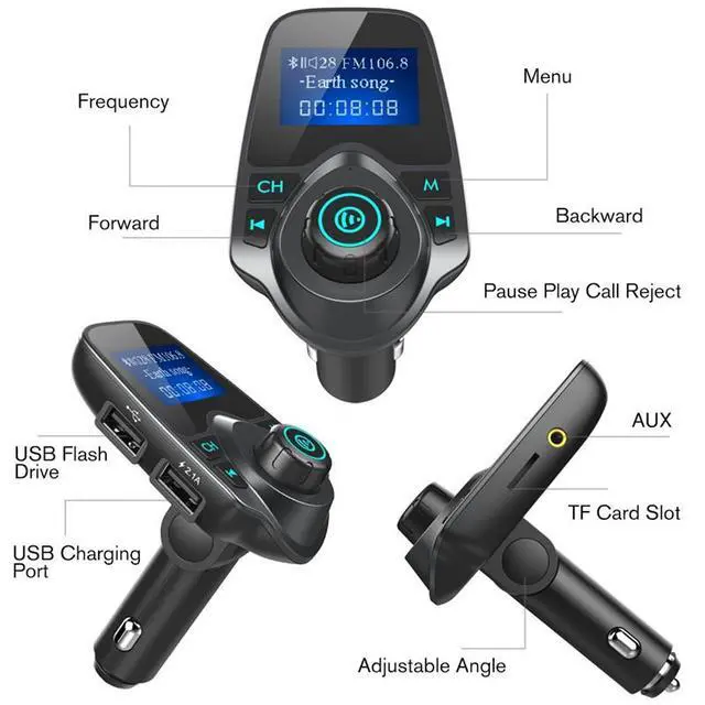 Alt view image 5 of 7 - Wireless Bluetooth FM Transmitterf for Car, Immediate Bluetooth in Your Car, Radio Adapter Kit, 1.44 inch Display, Supports SD TF Cards, with AUX Input, All Smartphones iPods, Car Bluetooth FM