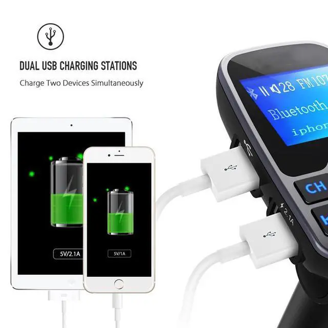 Alt view image 6 of 7 - Wireless Bluetooth FM Transmitterf for Car, Immediate Bluetooth in Your Car, Radio Adapter Kit, 1.44 inch Display, Supports SD TF Cards, with AUX Input, All Smartphones iPods, Car Bluetooth FM