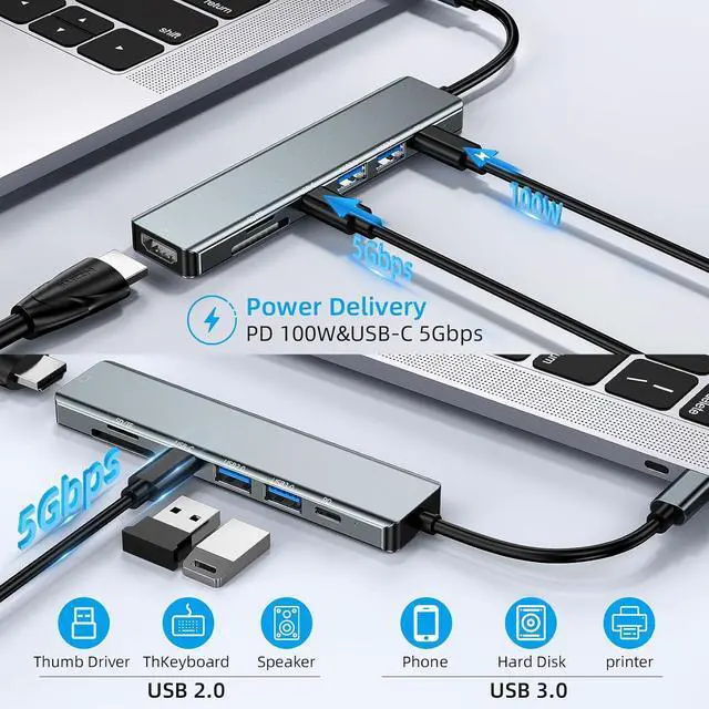 Alt view image 4 of 7 - WRIARICH USB C to HDMI Adapter, 7-in-1 USB C Docking Station Dual Monitors for Windows, USB C Adapter with 4K HDMI, USB 3.0, USB 2.0, 100W PD, USB-C Data,SD/TF for Laptops, Computers, MacBook Pro/Air