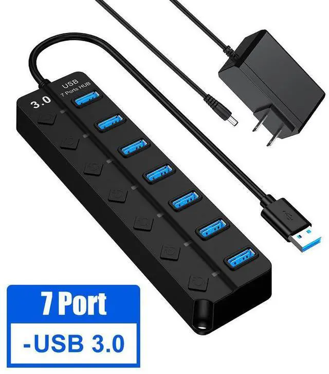 Main image of Powered USB Hub 3.0, USB hub 3.0 7 Port Data Hub Splitter with 5V DC Power Adapter and with Individual On/Off Switches USB Extension for LaptopPC Computer and More (7IN1HUB)