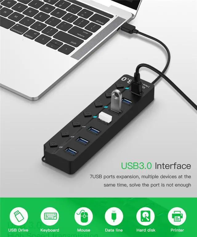 Alt view image 3 of 7 - WRIARICH 7-Port USB 3.0 Hub High Speed ON/Off Sharing Switch for PC Laptop (7IN1HUB)