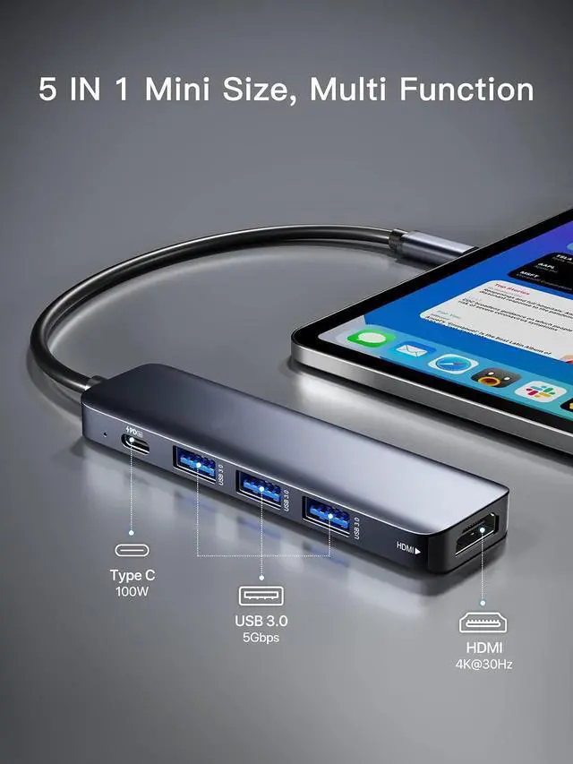 Alt view image 2 of 7 - USB C Hub 3.0 with HDMI 4k, 5 in 1 USB C Hub Splitter Multiport Network Adapter with 1 x HDMI 4k Port, 3 x USB 3.0 (5Gbps), PD 100W Charging, for MacBook Pro Air/foriphone 15/ for pad pro/HDTV