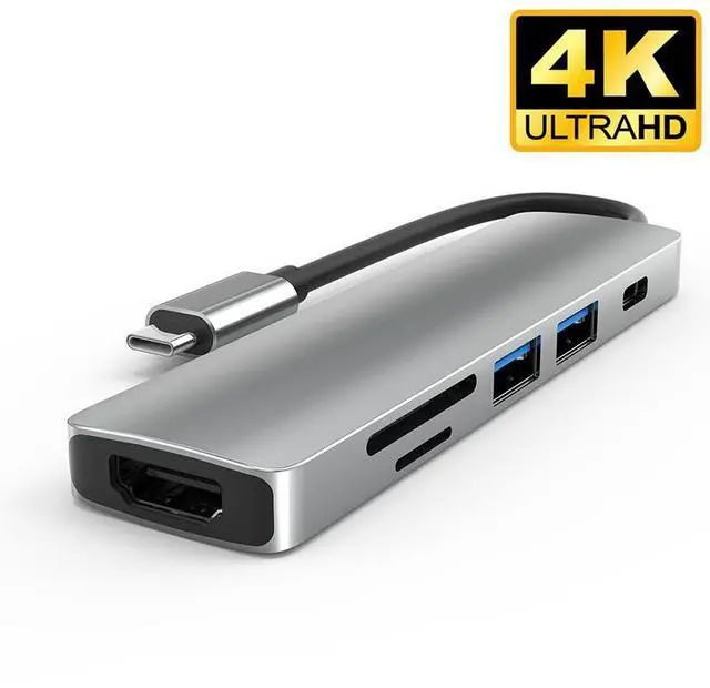 Main image of USB C Hub 6 in 1 Portable Aluminum USB C Multiport Adapter for MacBook Pro/Air Mac,with 2 USB 3.0 Ports,4K HDMI, 87W Pd Charging for iPad Pro/MacBook/Type C Devices,TF/SD Card Reader (Gray)