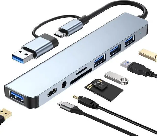 Main image of WRIARICH Aluminum 8 in 1 USB C & USB Hub with USB 3.0, 3*USB 2.0 Ports,USB-C,3.5mm Aux Ports, TF/SD Card Reader for PC/Laptops/MacBook Pro/Air/iMac/iPad and More Devices