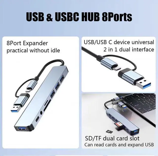 Alt view image 3 of 7 - WRIARICH 2-in-1 USB-A USB-C Hub 8 in 1 USB Hub Adapter Docking Station Dongle USB A Type-C Hub to Multi Port USB Speed 5Gbps TF/SD Card Reader ,USB-C, 3.5mm Aux Ports, USB C Hub