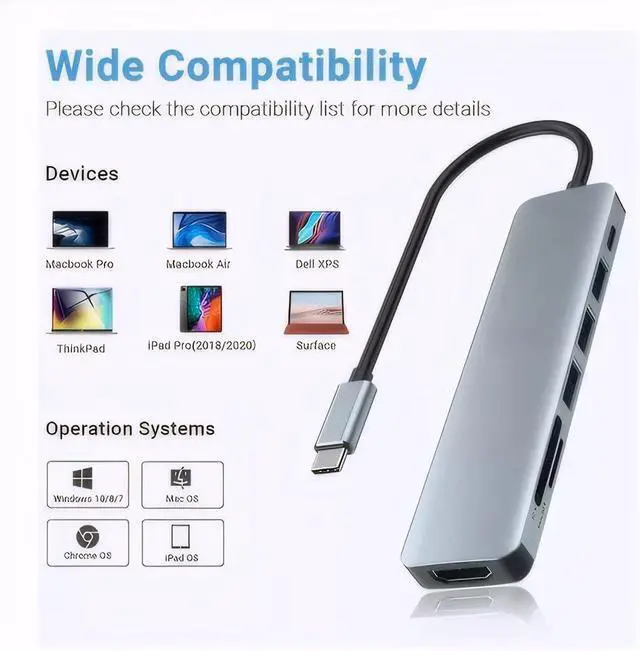 Alt view image 7 of 7 - WRIARICH USB C Hub, 7-in-1 USB C to HDMI Adapter with 4K HDMI, 100W PD, 1*USB 3.0, 2*USB 2.0 and SD/TF Card Reader, Multiport Splitter Compatible with MacBook Air/Pro M1/M2, Surface Go and More