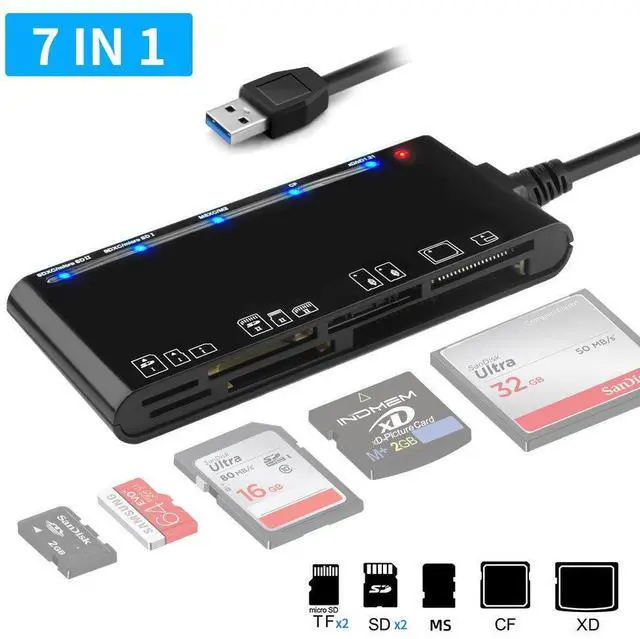Main image of WRIARICH 7 in 1 Memory Card Reader, High-Speed USB A to Micro SD Card Adapter USB 3.0 5-Slots, Memory Card Reader for SD SDXC SDHC CF CFI TF Micro SD Micro SDXC Micro SDHC MS MMC UHS-I Cards