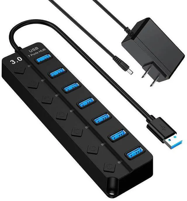 Main image of Powered USB 3.0 Multiport Hub, 7-Port Data Splitter with 5V DC Power Adapter, Individual On/Off Switches for MacBook, Mac Pro/Mini, Surface, Chromebook, More (Black, 7IN1HUB))
