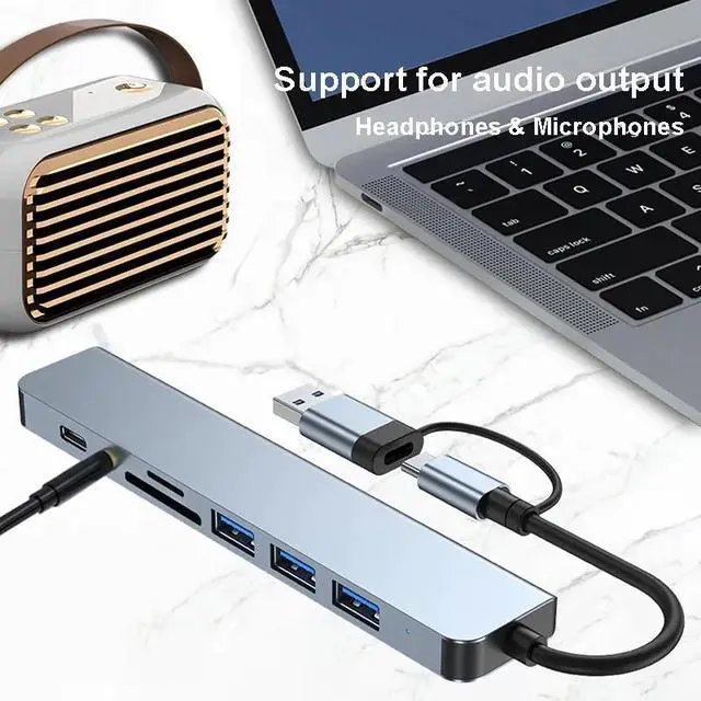 Alt view image 6 of 7 - 8in1 USB C Multiport Adapter with 4X USB, 100W Power Delivery,TF/SD Card Reader and 3.5mm Audio Compatible with MacBook, iPad Pro, iMac, S23, XPS17
