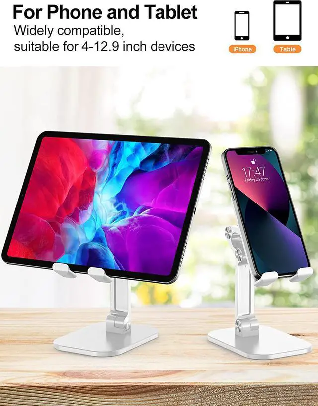 Alt view image 4 of 7 - Upgraded Cell Phone Stand, Adjustable Desk Phone Stand, Friendly Cell Phone Holder Desk Phone Stand, Compatible with All 4-12.9" Smartphones, tablets and e-readers, and More, White