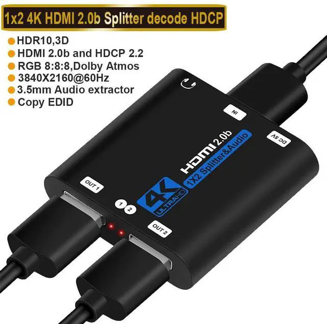 Main image of WRIARICH HDMI Splitter 1 in 2 Out with Audio Extractor, 4K 1x2 HDMI Splitter for Dual Monitors HD 1080P 3D Splitter, Supports HDCP2.2, Xbox PS3/4/5 Sky Box Fire Stick DVD (OZF6-1)