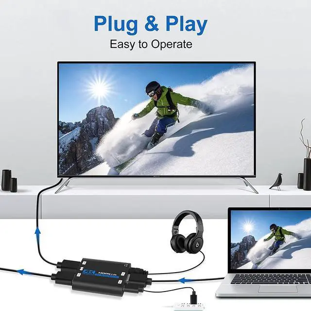 Alt view image 4 of 7 - WRIARICH HDMI Splitter 1x2 with 3.5mm Jack audio out, 1 in 2 Out Audio Video Distributor Box, HDMI 2.0b, HDCP 2.2, HDR, Support 4K@60Hz Ultra HD 3D for PS4, Xbox, Blu-ray Players (OZF6-1)