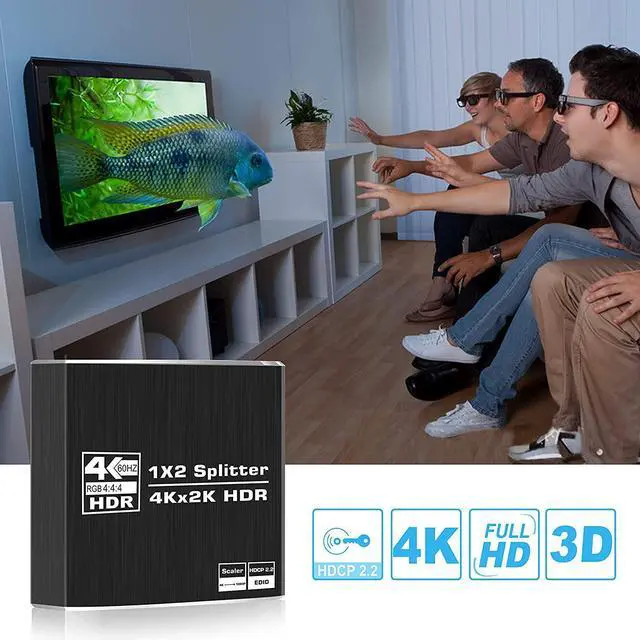 Alt view image 5 of 7 - 1x2 HDMI Splitter with EDID, 1 in 2 Out HDMI Splitter Audio Video Distributor Box Support 3D & 4K x 2K@60Hz Compatible for HDTV, STB, DVD, PS3, Projector Etc