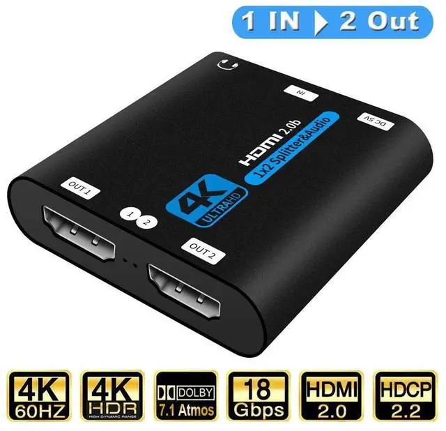 Main image of WRIARICH HDMI Splitter 1 in 2 Out 3.5mm Jack audio out - 4K Ver HDMI2.0 HDCP2.2, Powered HDMI Splitter Supports 3D 4K@60HZ Full HD1080P for Xbox PS4 PS3 Fire Stick Roku Blu-Ray Player (OZF6-1)