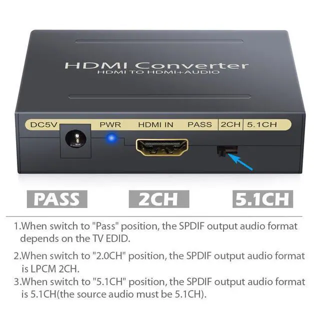 Alt view image 3 of 7 - WRIARICH 4K HDMI Audio Extractor, HDMI to HDMI + Optical Toslink(SPDIF) + RCA(L/R) Stereo Analog Outputs Video Audio Splitter Converter Support 4K,Black