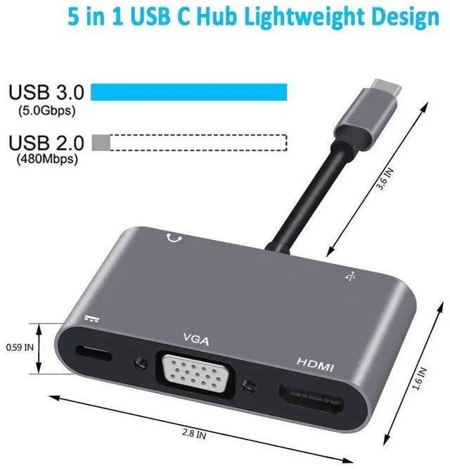 Alt view image 2 of 7 - USB-C/Type C Converter Adapter, USB C to HDMI VGA USB 3.0 Audio USB-C PD Charging Port Adapter Converter 5 in 1 hub Compatible with MacBook Pro Chromebook Pixel and Other Mainstream Type c Device