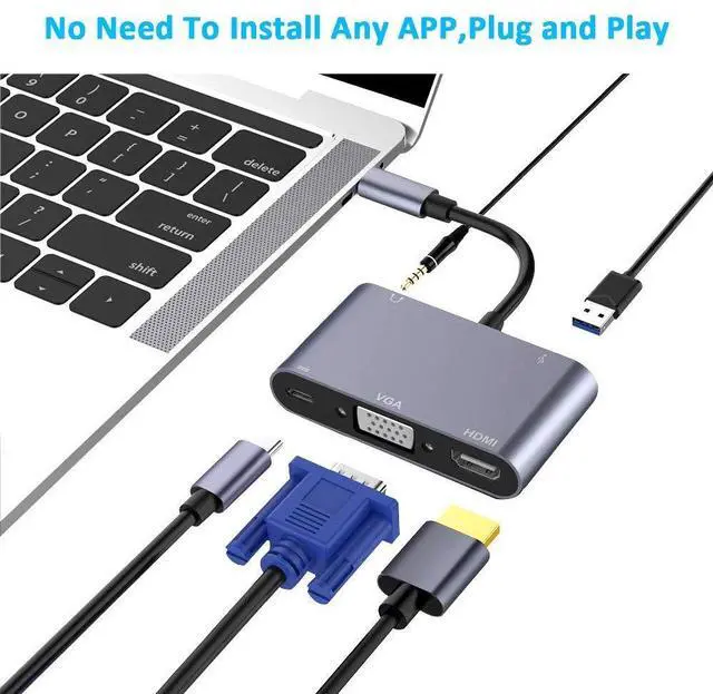 Alt view image 3 of 7 - USB-C/Type C Converter Adapter, USB C to HDMI VGA USB 3.0 Audio USB-C PD Charging Port Adapter Converter 5 in 1 hub Compatible with MacBook Pro Chromebook Pixel and Other Mainstream Type c Device