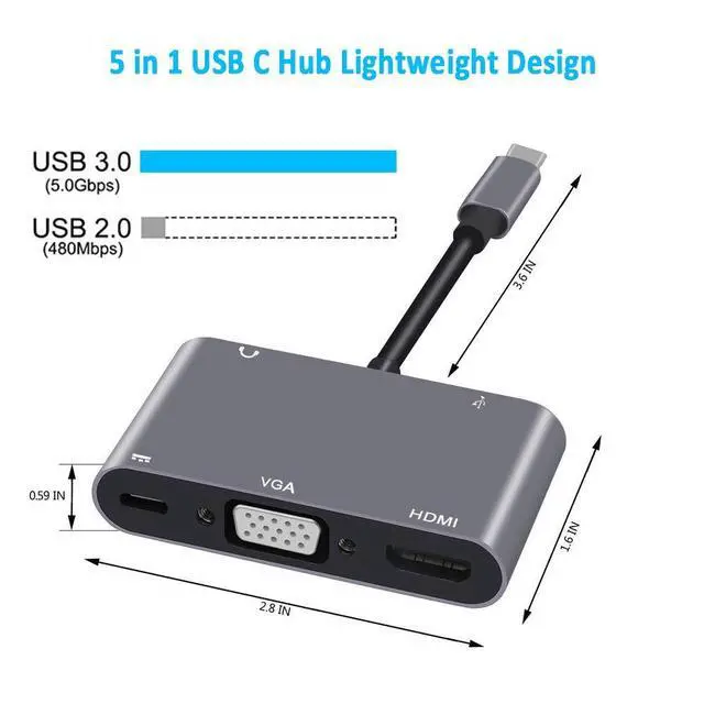 Alt view image 2 of 7 - USB C to HDMI VGA Adapter 4K, 5 in 1 USB C Hub with HDMI, 1080P VGA, USB 3.0, USB-C PD Charging, Audio, Type C Multiport Converter Compatible with MacBook/Dell XPS/Nintendo Switch/Samsung