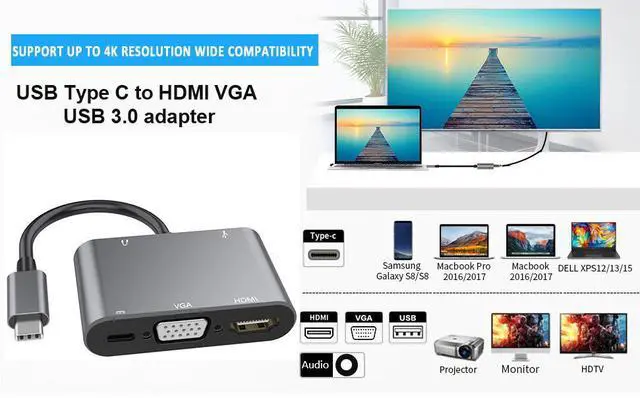 Alt view image 5 of 7 - USB C to HDMI VGA Adapter 4K, 5 in 1 USB C Hub with HDMI, 1080P VGA, USB 3.0, USB-C PD Charging, Audio, Type C Multiport Converter Compatible with MacBook/Dell XPS/Nintendo Switch/Samsung