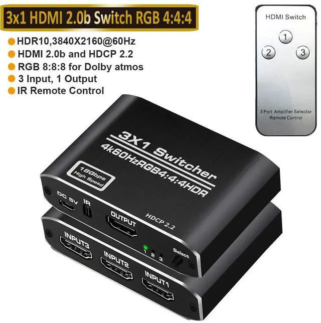 Main image of 4K 2K 60Hz HDMI Switch 3x1 HD 4K HDMI Video Switcher Adapter 3 In 1 Out HDMI Splitter with Remote Control for DVD HDTV TV Box PS4 - OZQ3-1