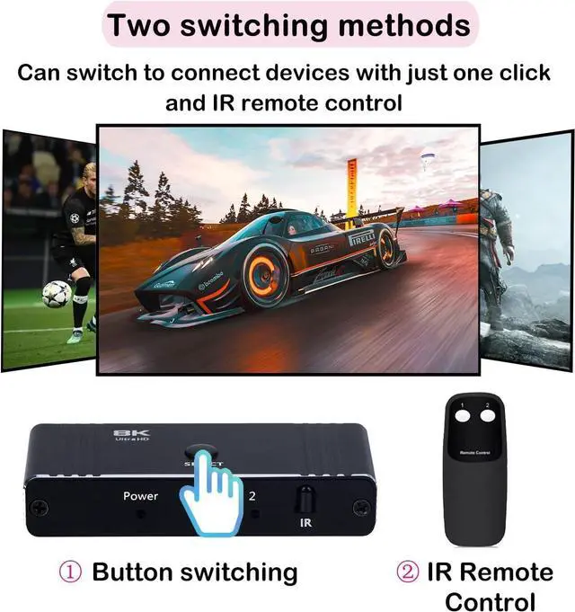 Alt view image 6 of 7 - 8k@60hz HDMI Switch Splitter, Aluminum Bidirectional HDMI Switcher 2 in 1 Out,Splitter 1 in 2 Out, Manual HDMI Hub Support VRR, Dynamic HDR, HDCP 2.3 Compatible with Xbox PS5/4/3 Blu-Ray Player