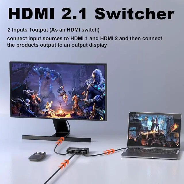Alt view image 2 of 7 - 8k@60hz HDMI Switch Splitter, Aluminum Bidirectional HDMI Switcher 2 in 1 Out,Splitter 1 in 2 Out, Manual HDMI Hub Support VRR, Dynamic HDR, HDCP 2.3 Compatible with Xbox PS5/4/3 Blu-Ray Player