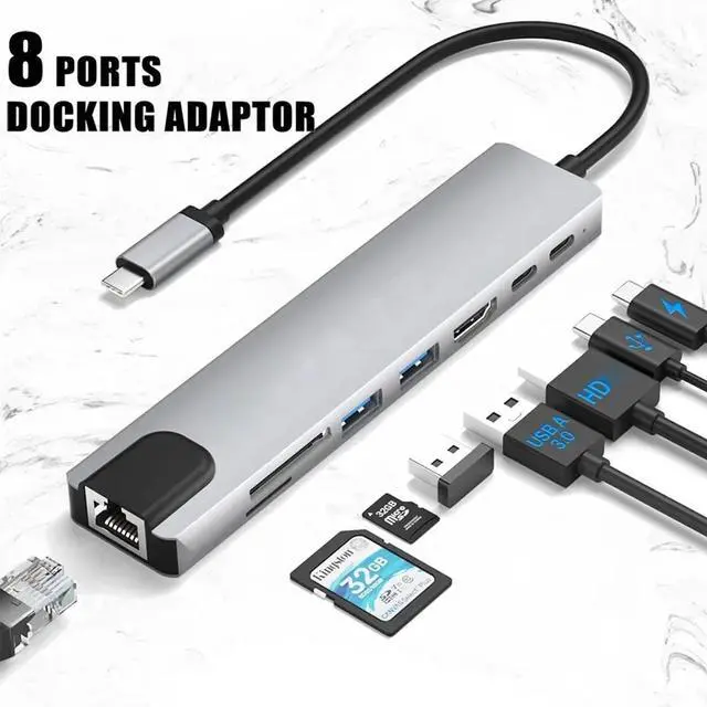 Main image of WRIARICH USB-C Hub 8 in 1 USB Hub Adapter Docking Station Dongle USB C Type-C Hub to Multi Port USB Speed 5Gbps TF/SD Card Reader ,USB2.0, 4K HDMI, USB-C, 100W PD, Ethernet, USB C Hub