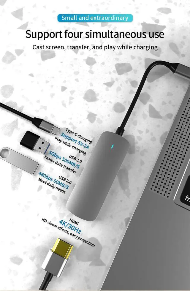 Alt view image 2 of 7 - WRIARICH USB C Hub, MacBook Pro Adapter USB C Dongle, 4 in 1 USB C to HDMI Multiport Adapter Compatible for USB C Laptops Nintendo and Other Type C Devices (4K HDMI USB3.0/2.0 60W PD)