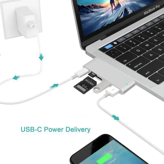 Main image of WRIARICH USB C Hub Adapter, 5 in 1 USB C Adapter with 4K USB C to HDMI, USB C PD Charging, 2 USB 3.0 Ports, SD/TF Card Reader, For MacBook Pro 2018/2017/2016 Chromebook Pixel, DELL XPS13 -Silver