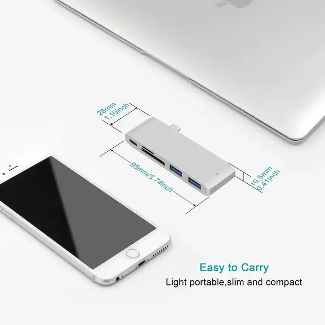 Alt view image 5 of 7 - WRIARICH USB Type C Hub, 5 in 1 USB-C Adapter with Type C Power Delivery, SD/Micro SD Card Readers, 2 X USB 3.0 Port, Aluminum Multi-Port Adapter for MacBook Pro and Other Type C Laptops -Silver