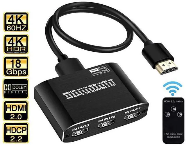 Main image of Switcher HDMI 2.0-compatible 3 in 1 out 4K 60Hz 2K 120Hz Switch Splitter adapter IR Remote For PS5 PS4 Projector Supports Ultra HD Dolby Vision, 18.5Gbps, HDR10, HDCP 2.2 & 3D - OZQ3-1
